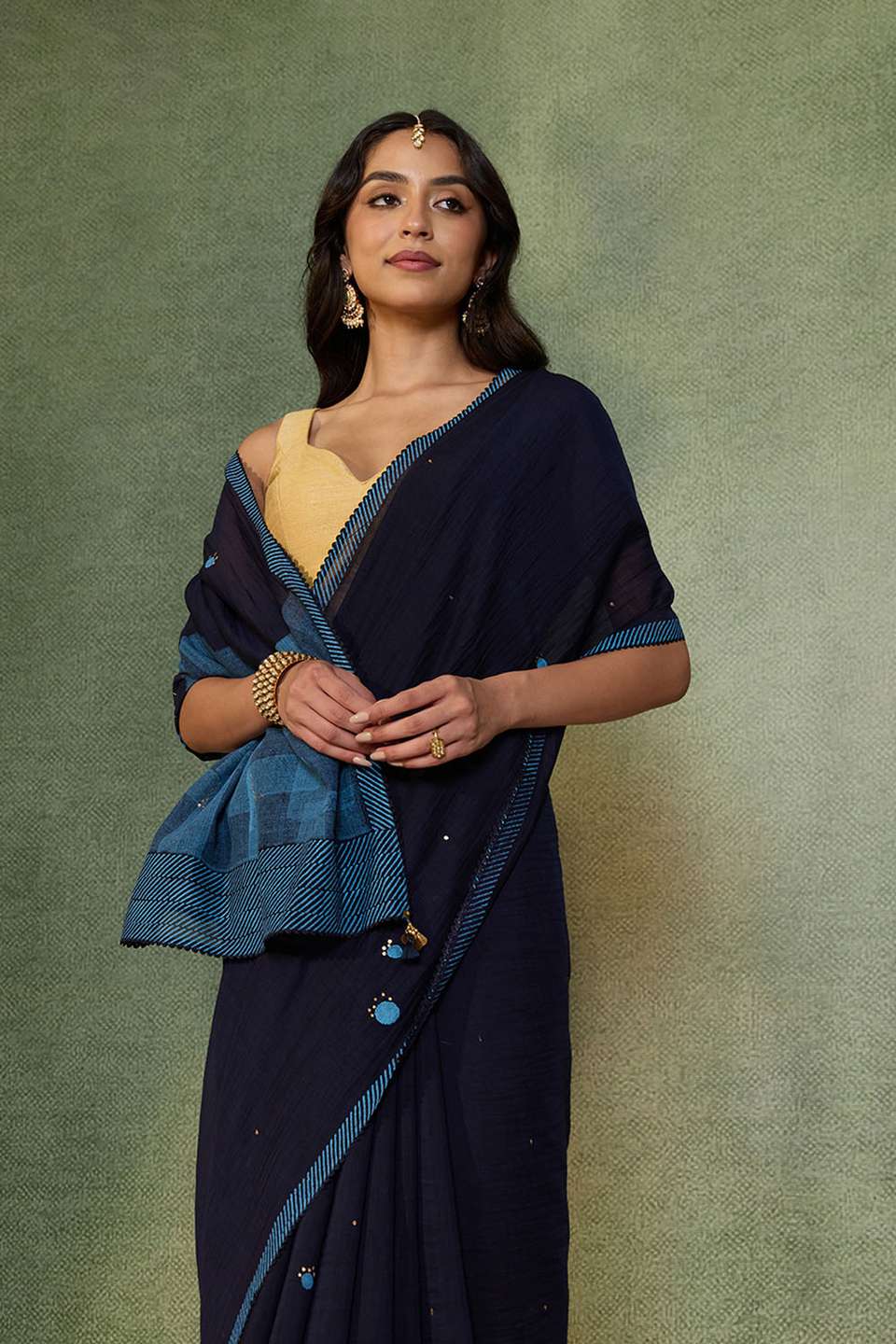 Blue Block Printed Pure Silk Cotton Saree
