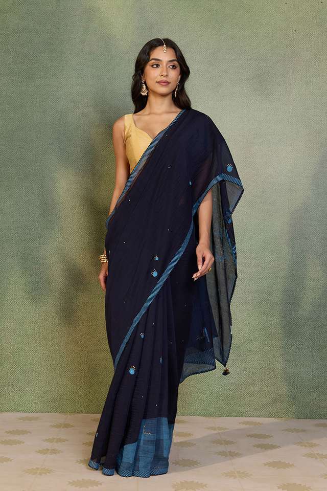 Blue Block Printed Pure Silk Cotton Saree thumbnail image number null