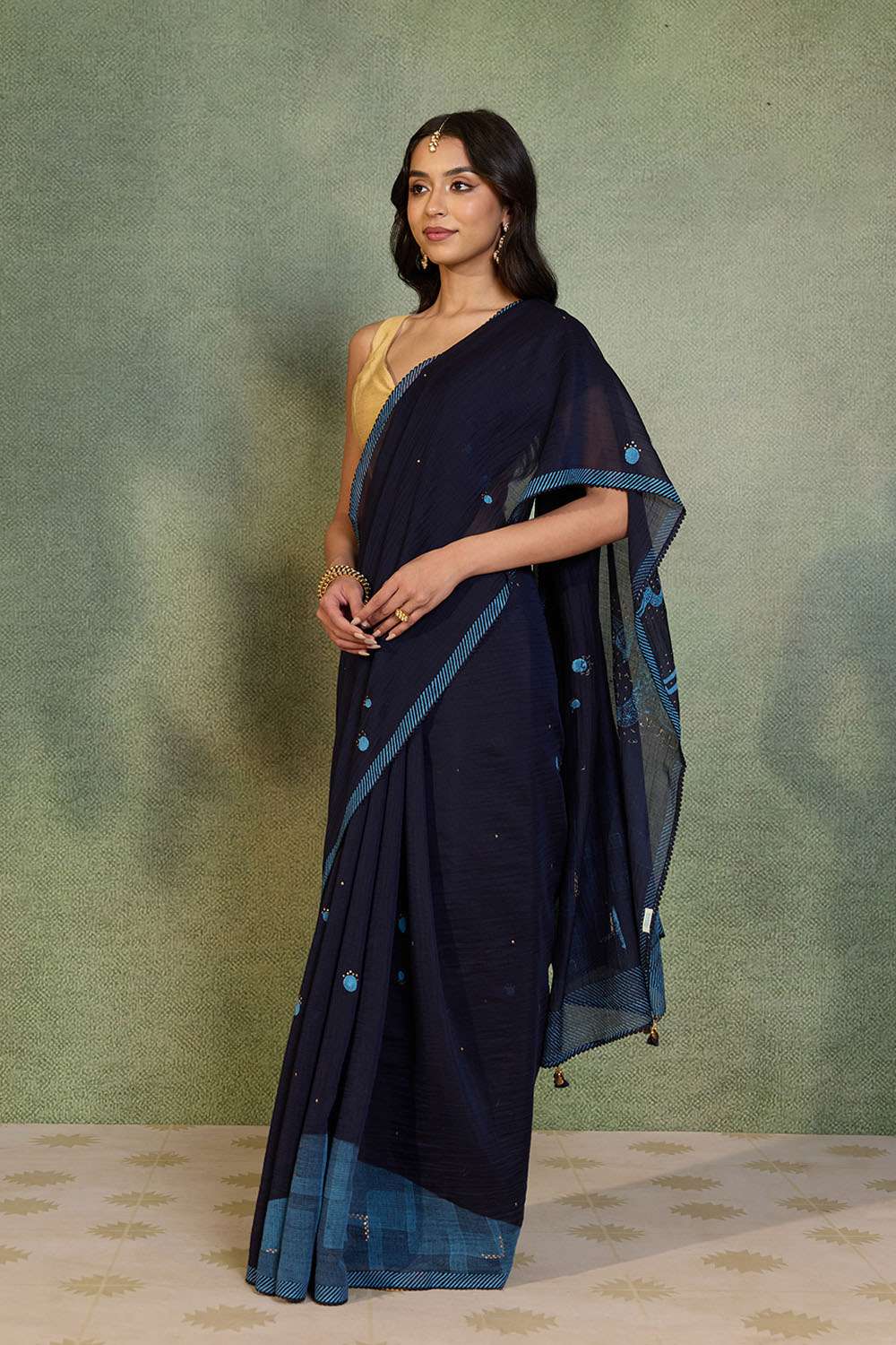 Blue Block Printed Pure Silk Cotton Saree image number null