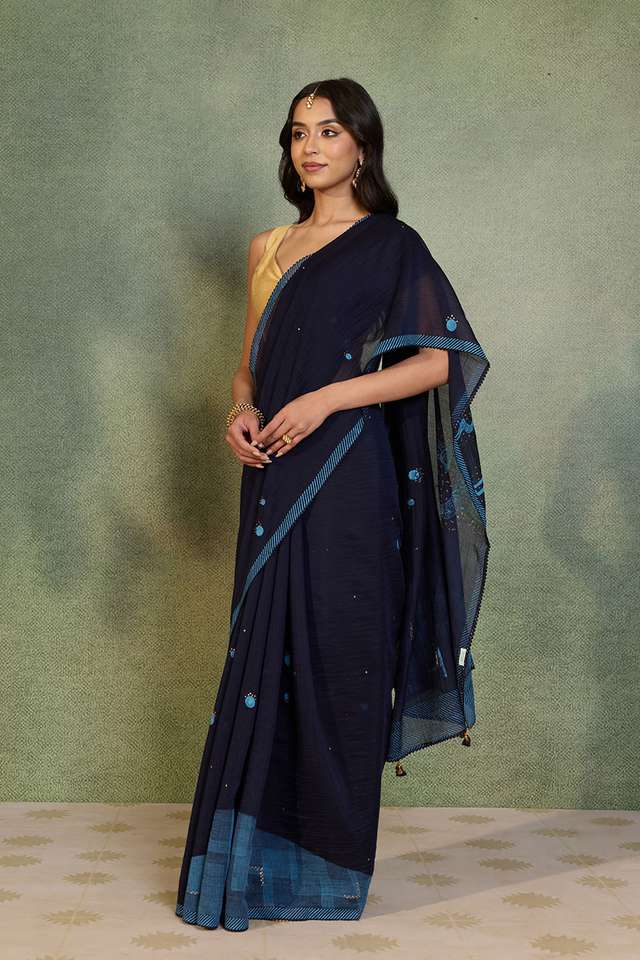 Blue Block Printed Pure Silk Cotton Saree thumbnail image number null