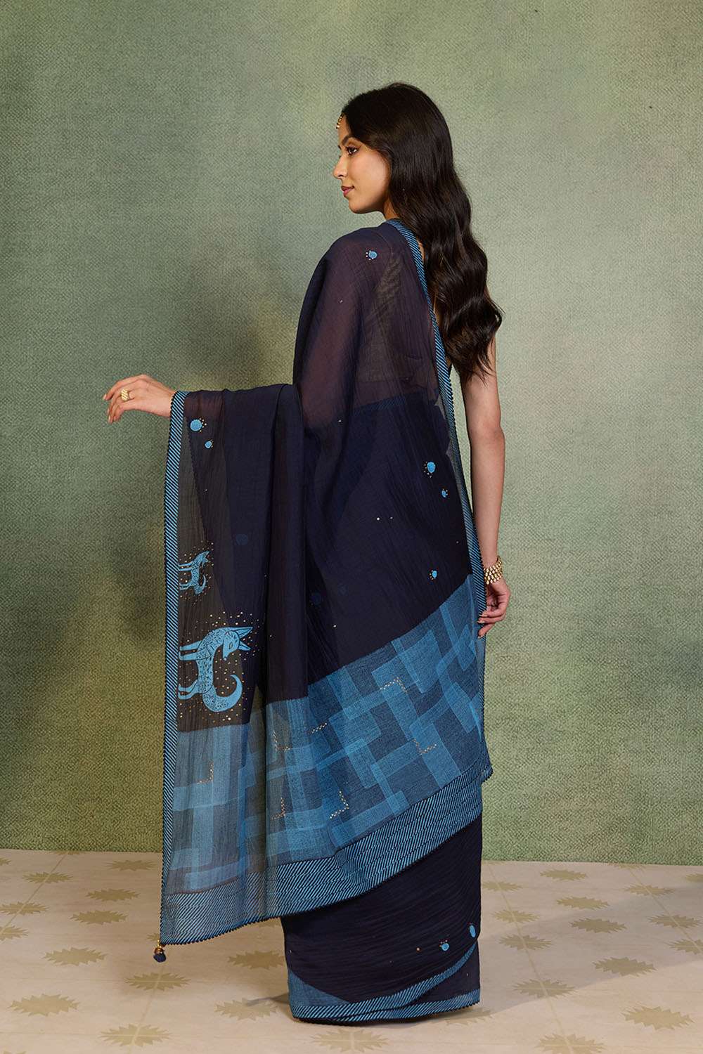 Blue Block Printed Pure Silk Cotton Saree image number null
