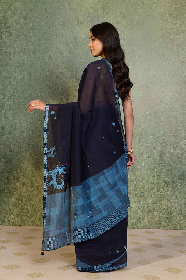 Blue Block Printed Pure Silk Cotton Saree thumbnail image number null