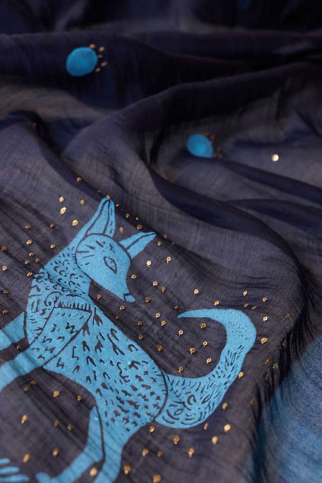 Blue Block Printed Pure Silk Cotton Saree thumbnail image number null
