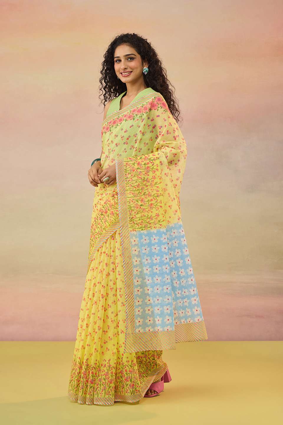 Light Yellow Bengal Block Printed Pure Cotton Kota Saree