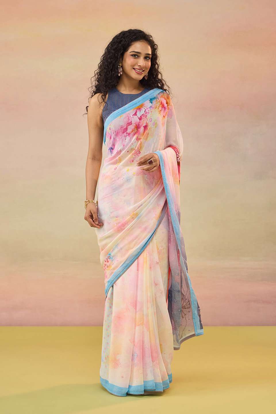 Light Pink Bengal Printed Embroidered Viscose Georgette Saree