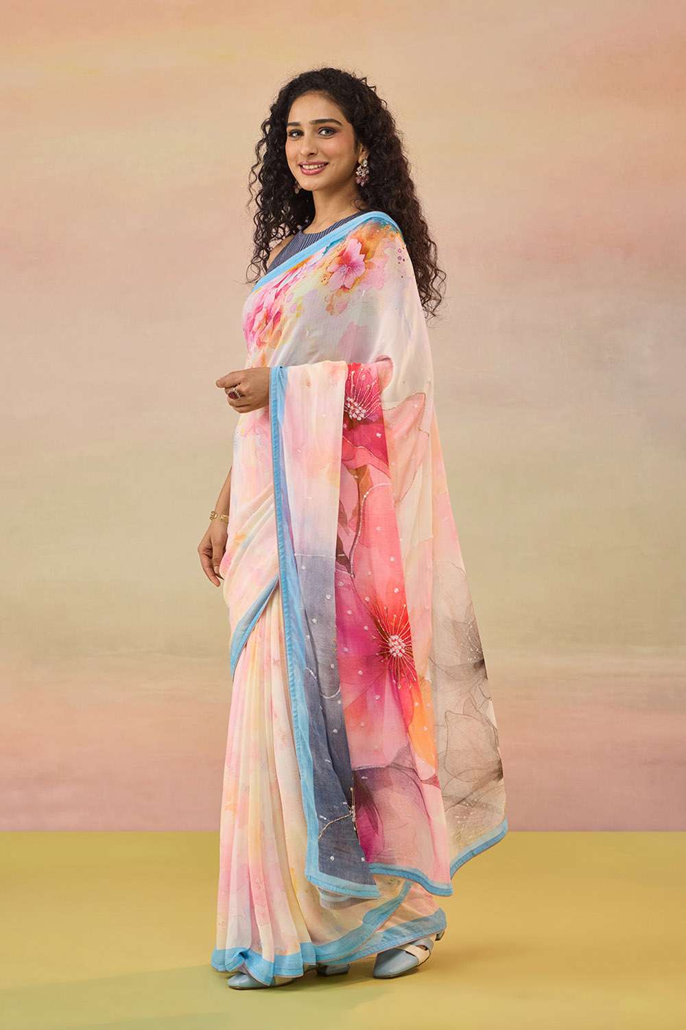 Light Pink Bengal Printed Embroidered Viscose Georgette Saree image number null
