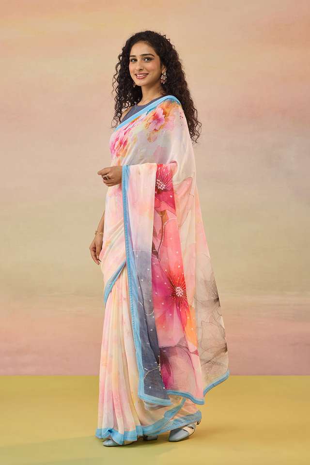 Light Pink Bengal Printed Embroidered Viscose Georgette Saree thumbnail image number null
