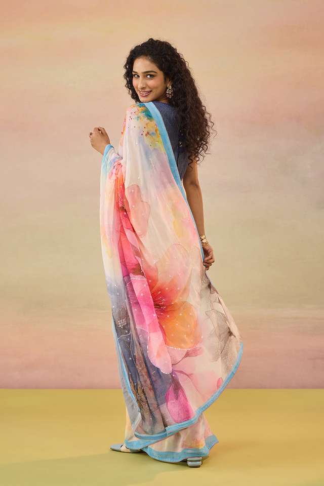 Light Pink Bengal Printed Embroidered Viscose Georgette Saree thumbnail image number null