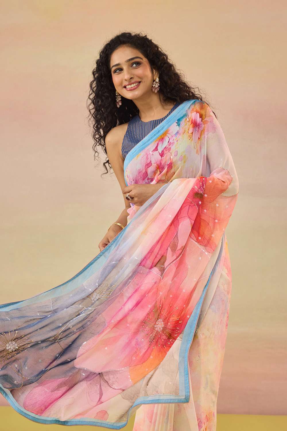 Light Pink Bengal Printed Embroidered Viscose Georgette Saree image number null