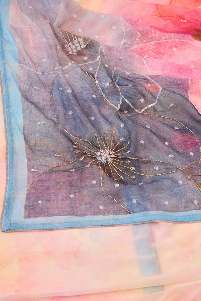 Light Pink Bengal Printed Embroidered Viscose Georgette Saree thumbnail image number null