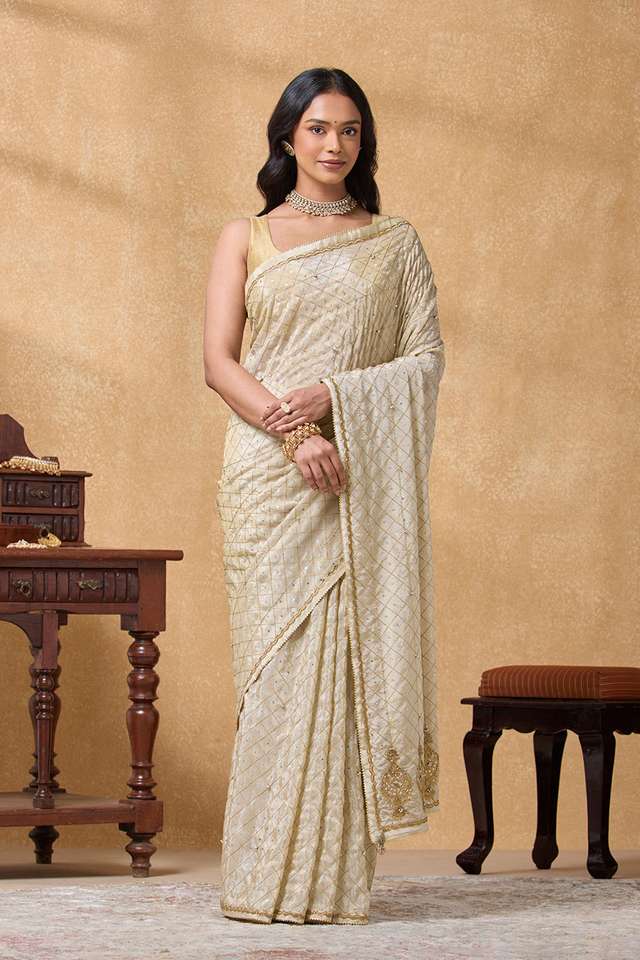 Off White Viscose Tissue Aari Saree thumbnail image number null