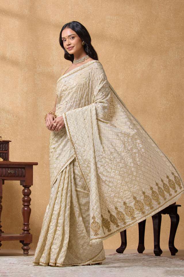 Off White Viscose Tissue Aari Saree thumbnail image number null