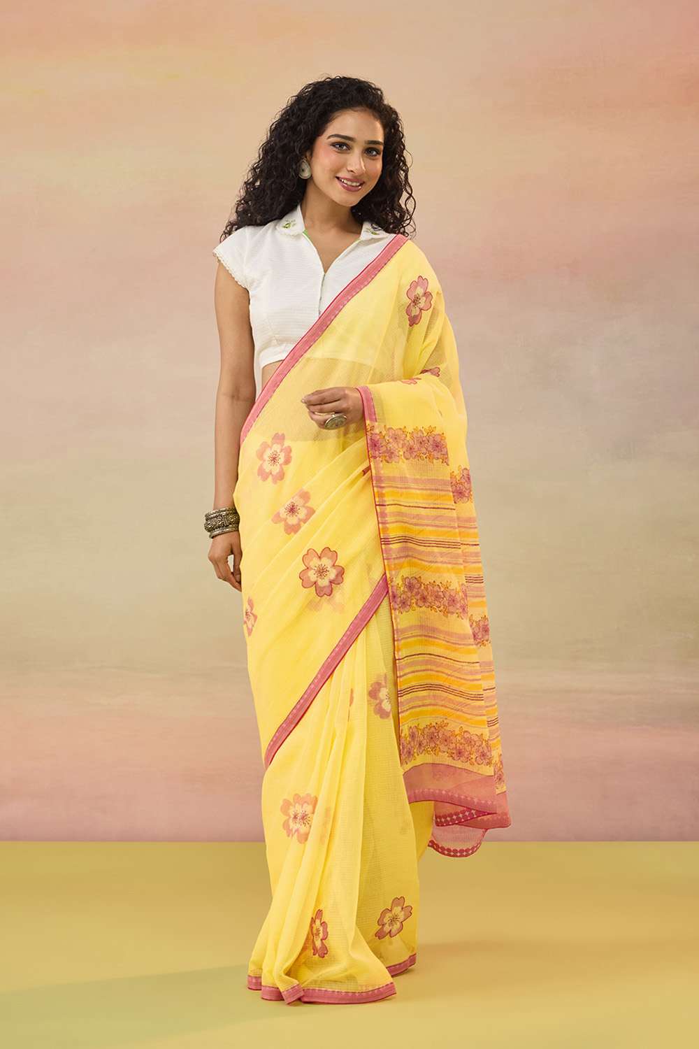 Light Yellow Bengal Block Printed Pure Cotton Kota Saree image number null