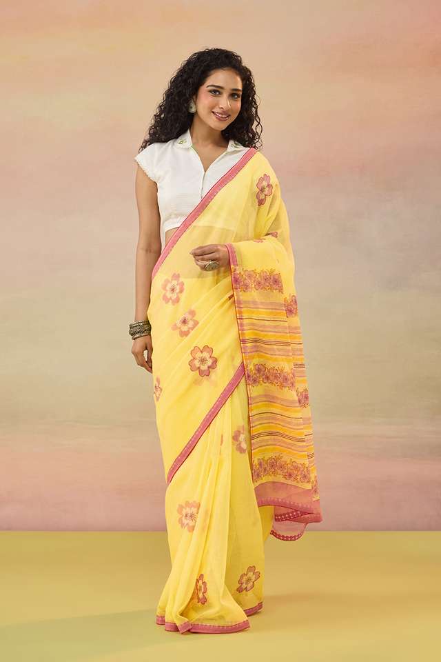 Light Yellow Bengal Block Printed Pure Cotton Kota Saree image number