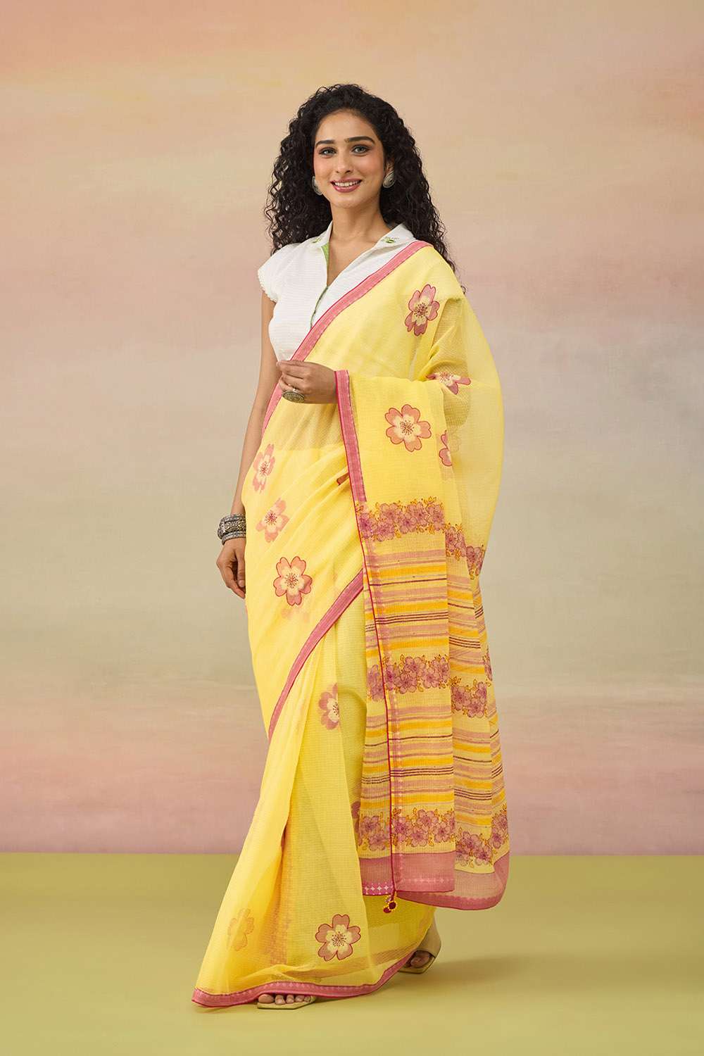 Light Yellow Bengal Block Printed Pure Cotton Kota Saree image number null