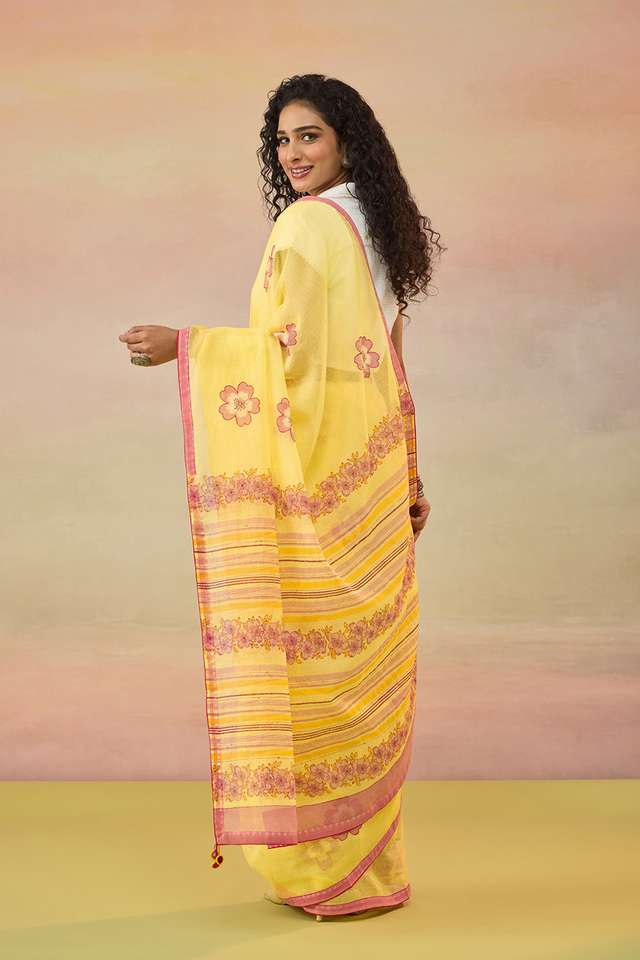Light Yellow Bengal Block Printed Pure Cotton Kota Saree thumbnail image number null