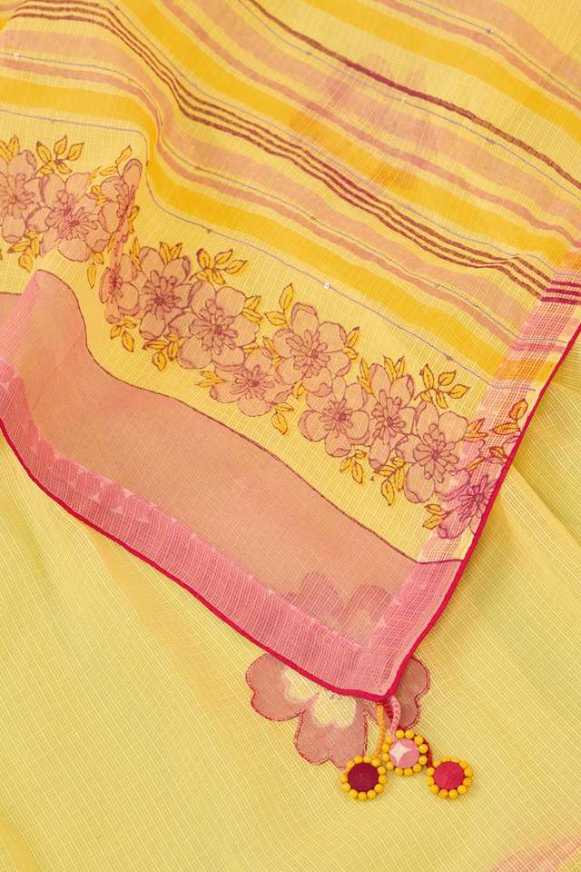 Light Yellow Bengal Block Printed Pure Cotton Kota Saree thumbnail image number null