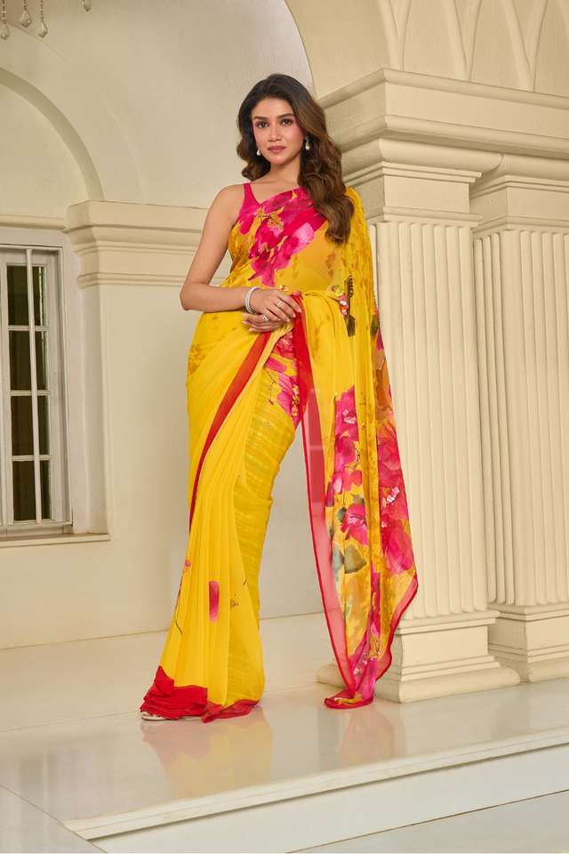 Yellow Bengal Printed Embroidered Viscose Georgette Saree image number