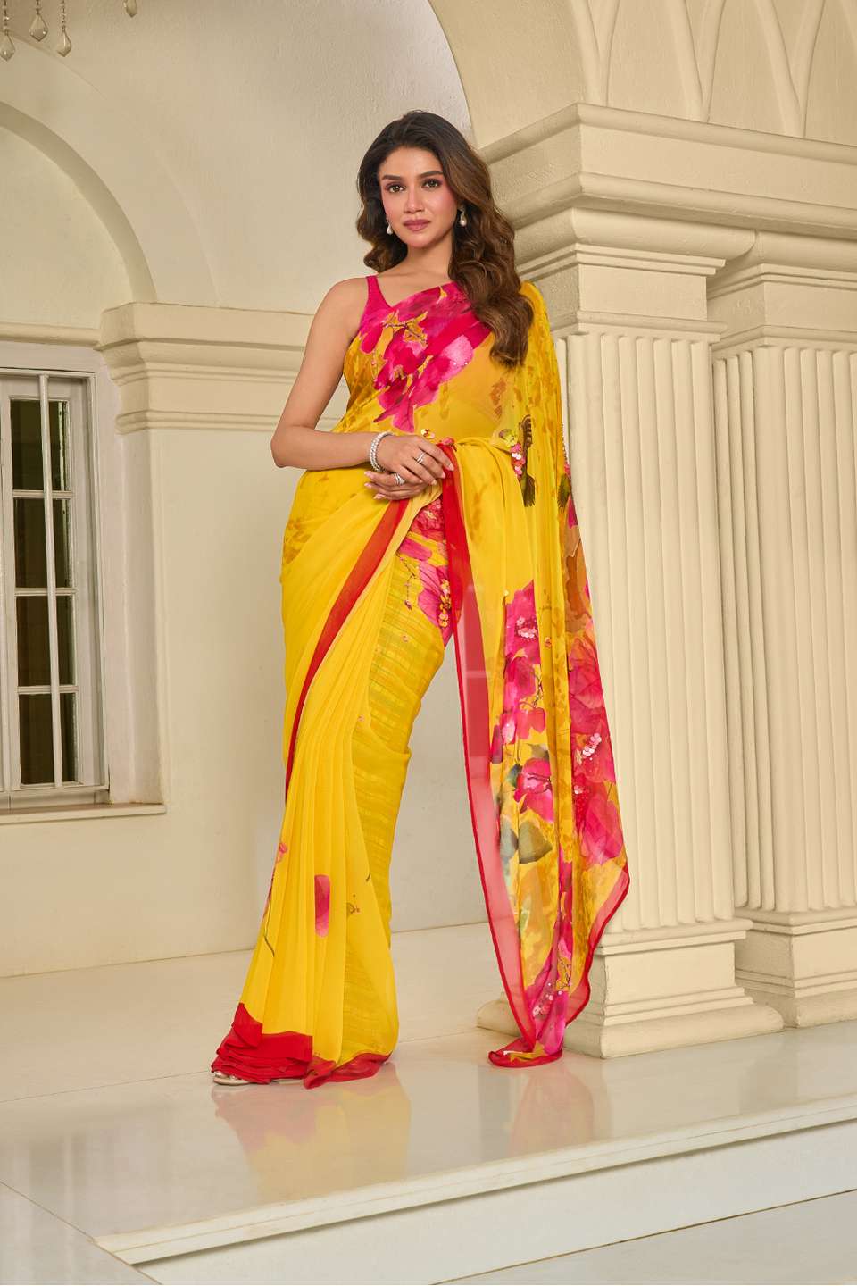 Yellow Bengal Printed Embroidered Viscose Georgette Saree