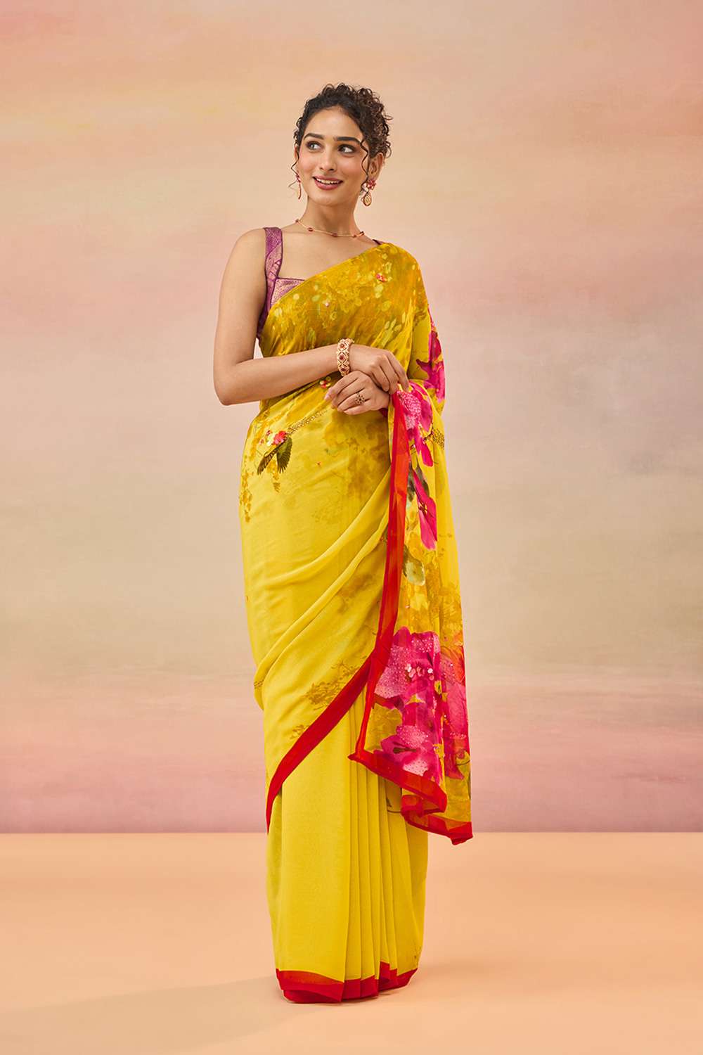 Yellow Bengal Printed Embroidered Viscose Georgette Saree image number null