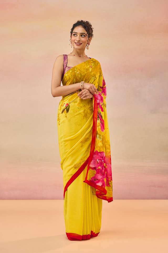 Yellow Bengal Printed Embroidered Viscose Georgette Saree thumbnail image number null