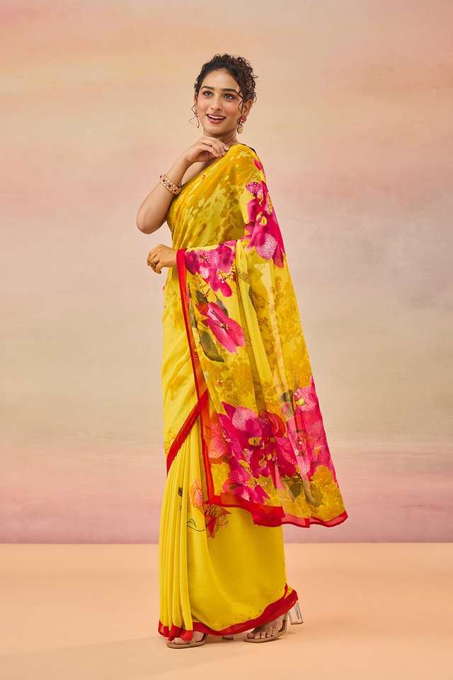 Yellow Bengal Printed Embroidered Viscose Georgette Saree thumbnail image number null