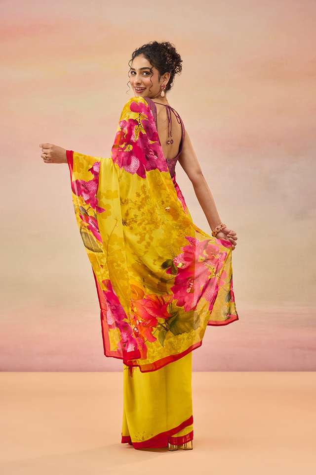 Yellow Bengal Printed Embroidered Viscose Georgette Saree thumbnail image number null