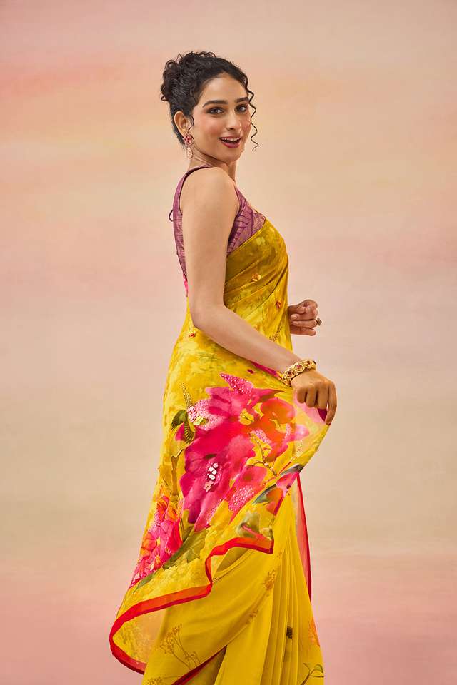 Yellow Bengal Printed Embroidered Viscose Georgette Saree thumbnail image number null