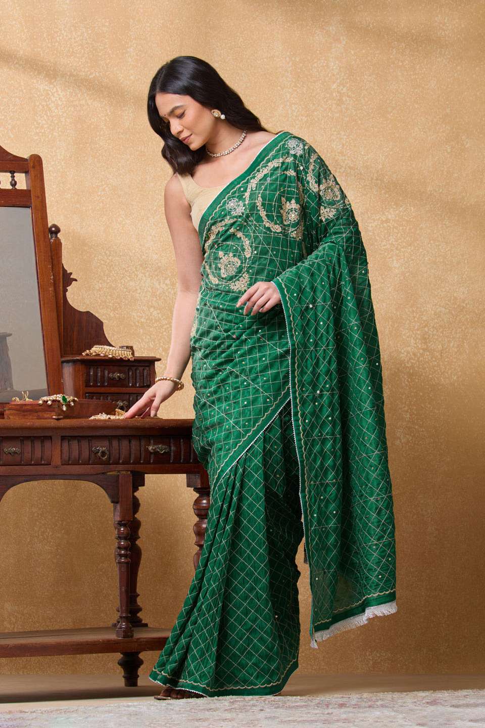 Green Viscose Tissue Embroidered Saree