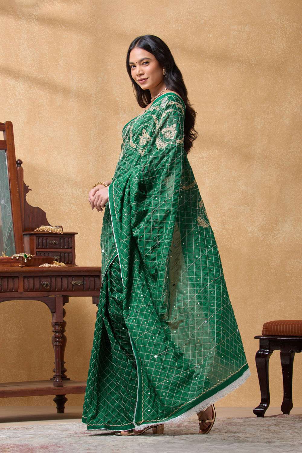 Green Viscose Tissue Embroidered Saree image number null