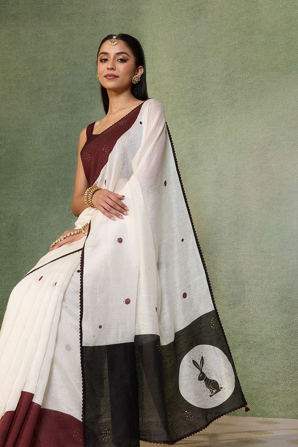 Off White Block Printed Pure Silk Linen Saree