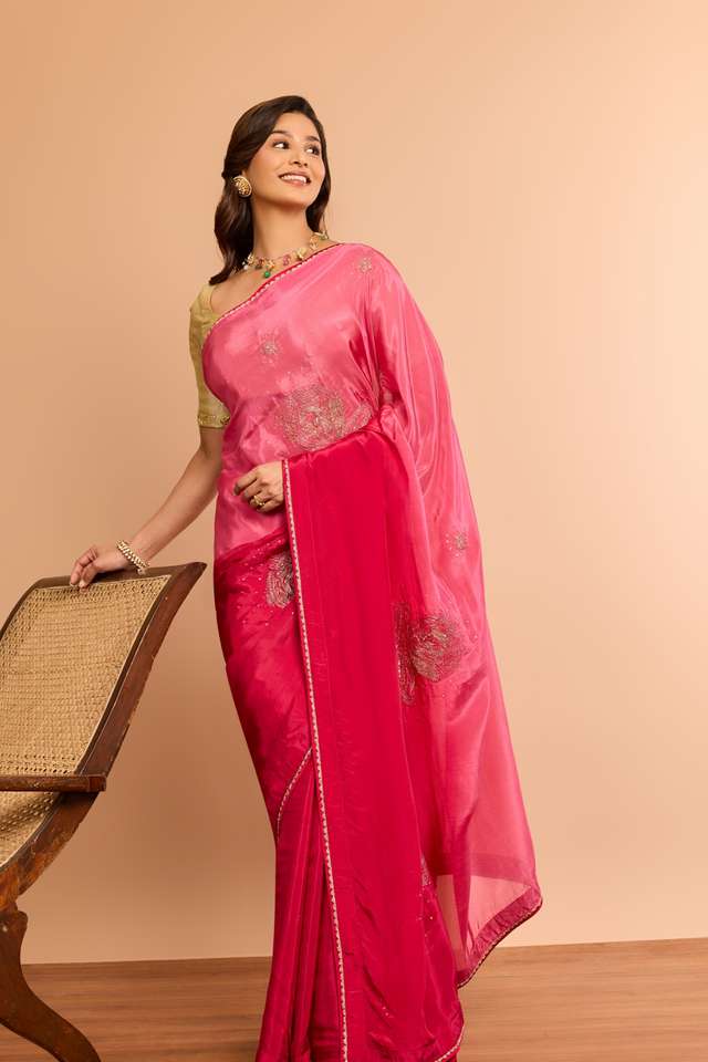 Pink Viscose Organza Embroidered Saree image number