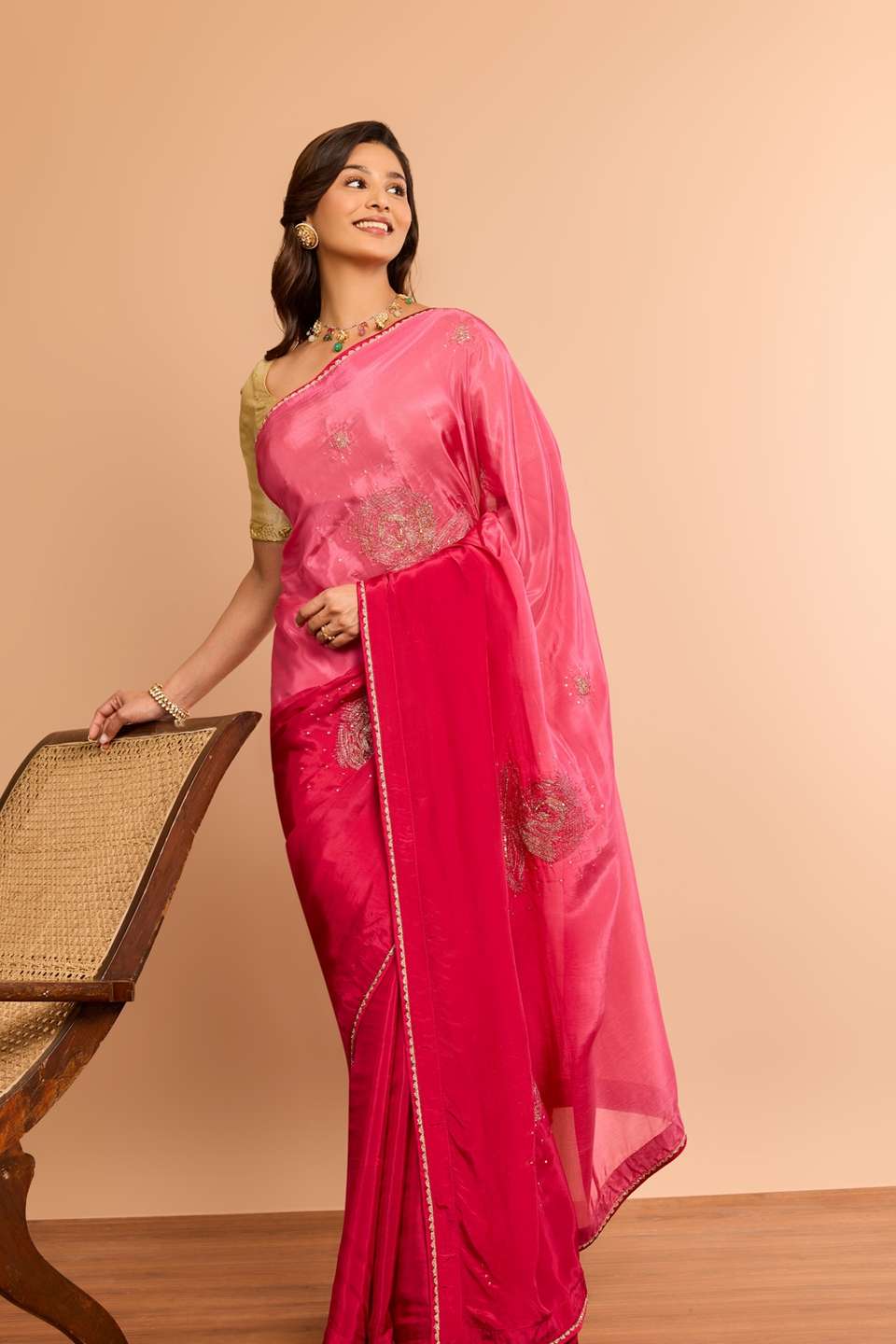 Pink Viscose Organza Embroidered Saree
