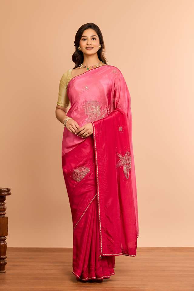 Pink Viscose Organza Embroidered Saree thumbnail image number null