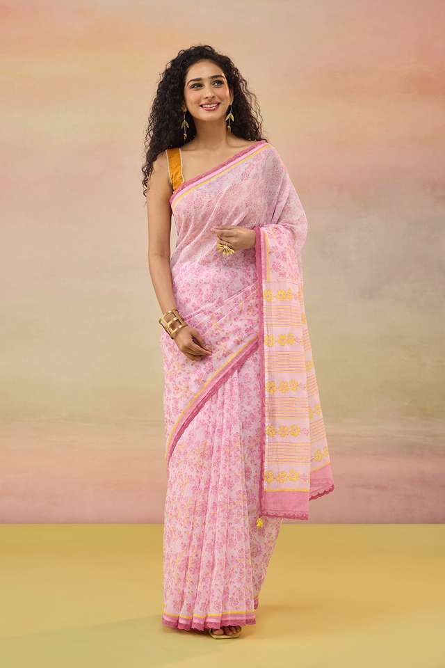Light Pink Bengal Block Printed Pure Cotton Kota Saree image number