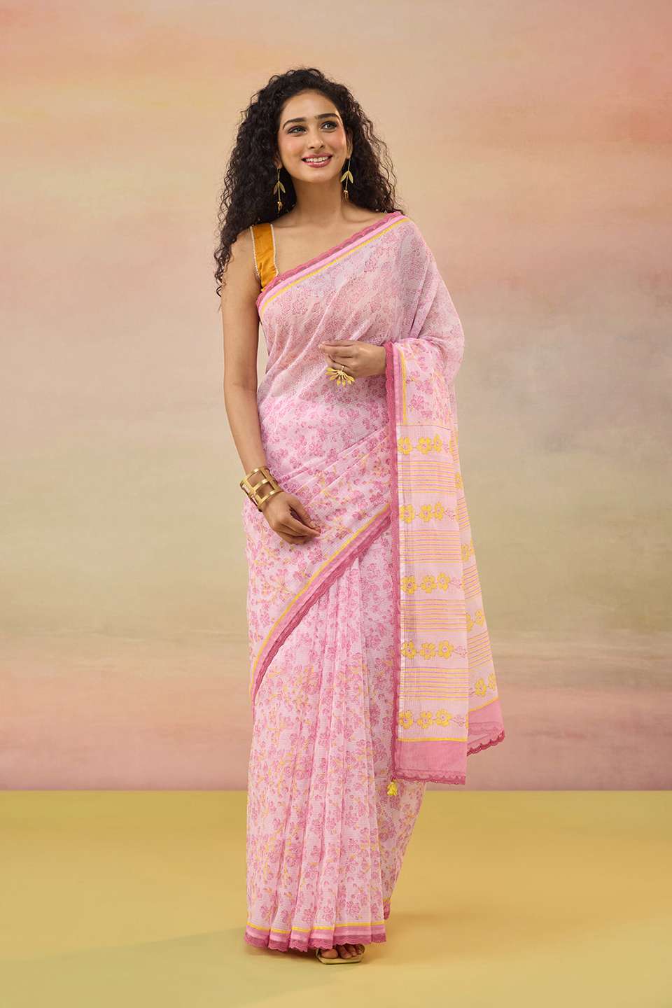 Light Pink Bengal Block Printed Pure Cotton Kota Saree