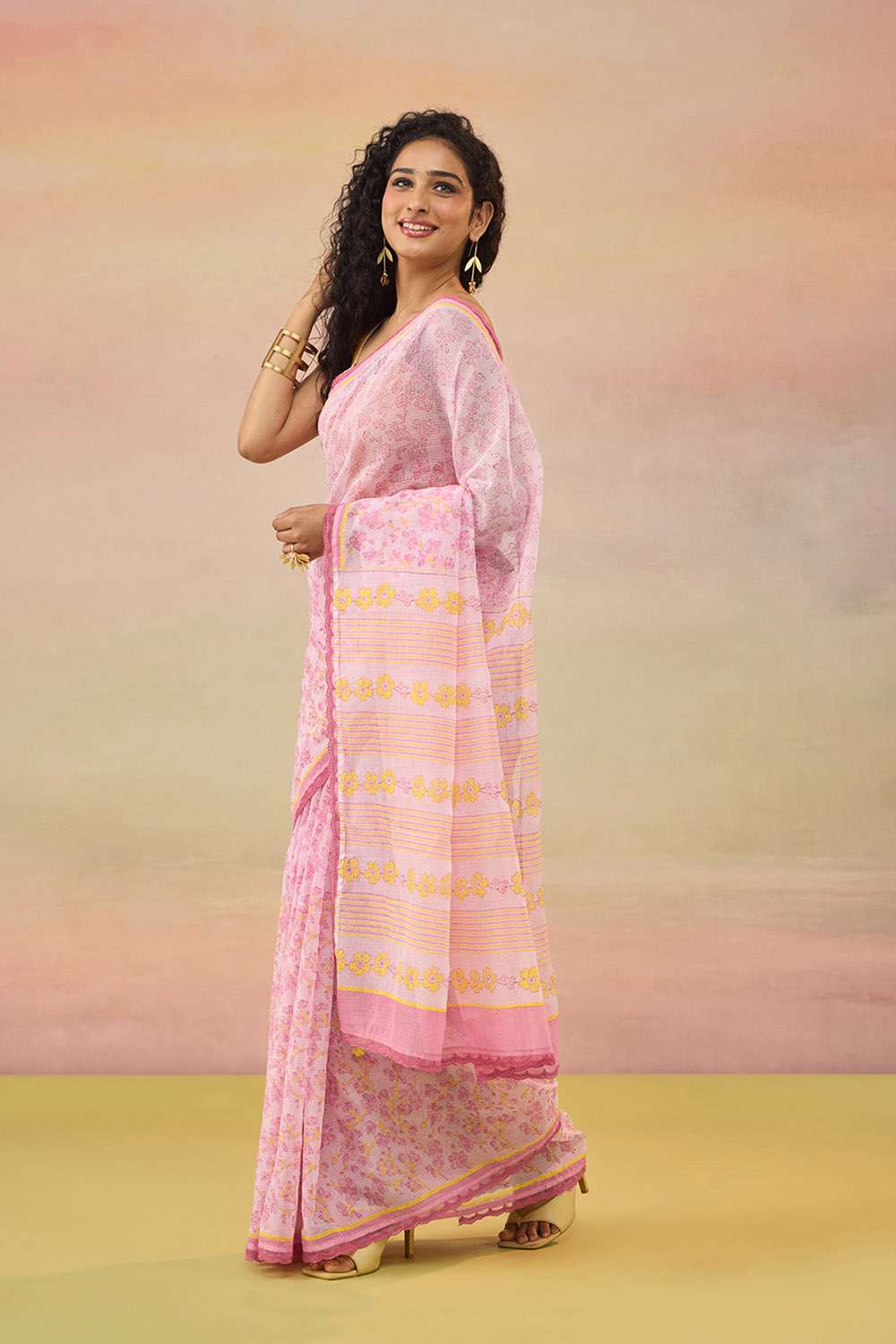 Light Pink Bengal Block Printed Pure Cotton Kota Saree image number null