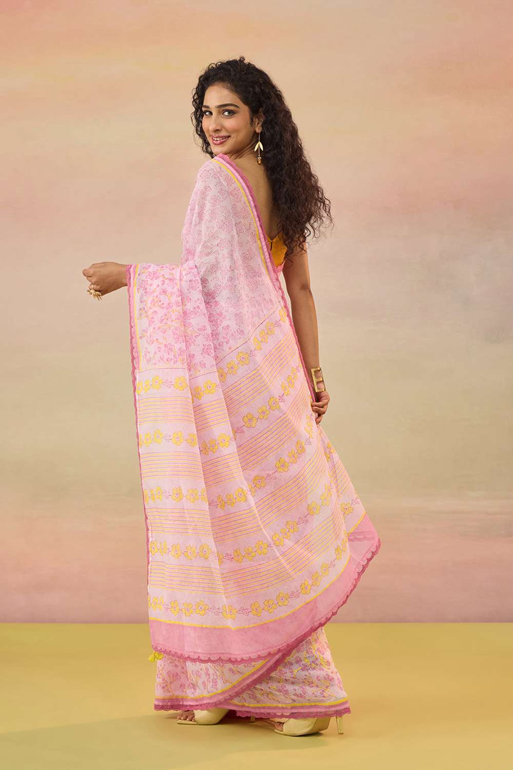 Light Pink Bengal Block Printed Pure Cotton Kota Saree image number null