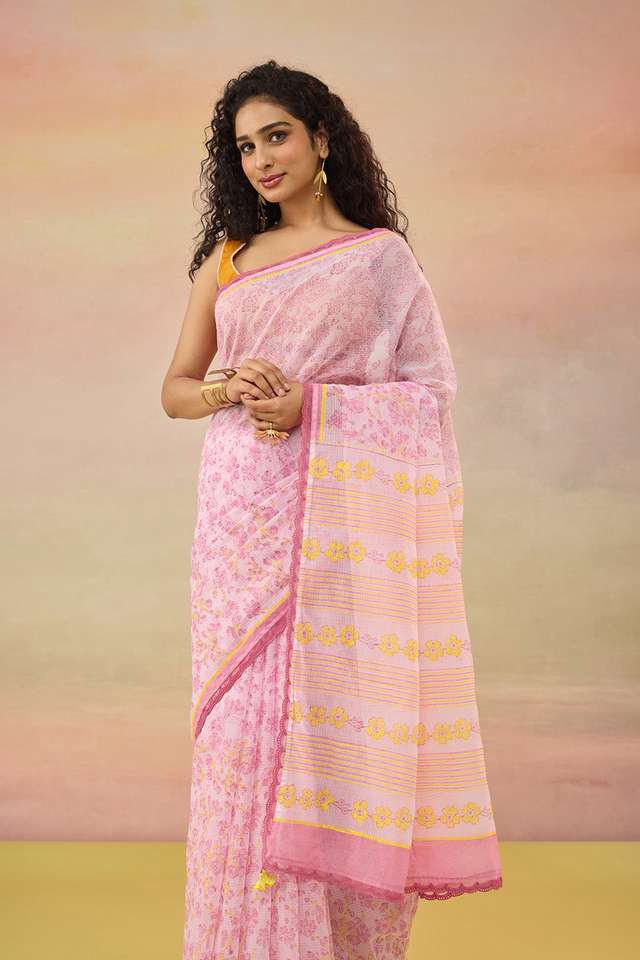 Light Pink Bengal Block Printed Pure Cotton Kota Saree thumbnail image number null