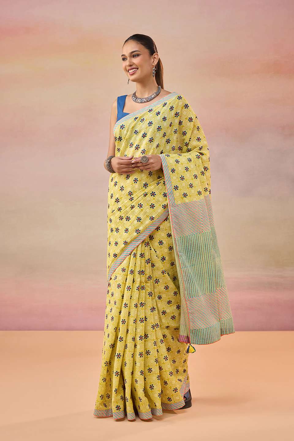 Light Yellow Pure Cotton Block Printed Bengal Saree