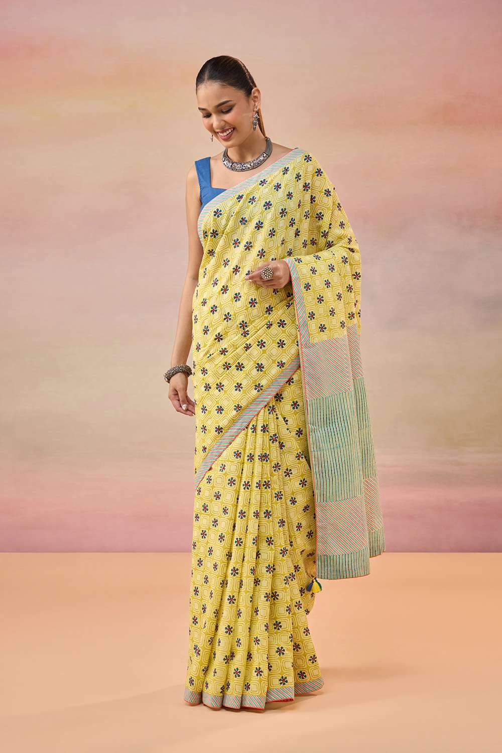Light Yellow Pure Cotton Block Printed Bengal Saree image number null