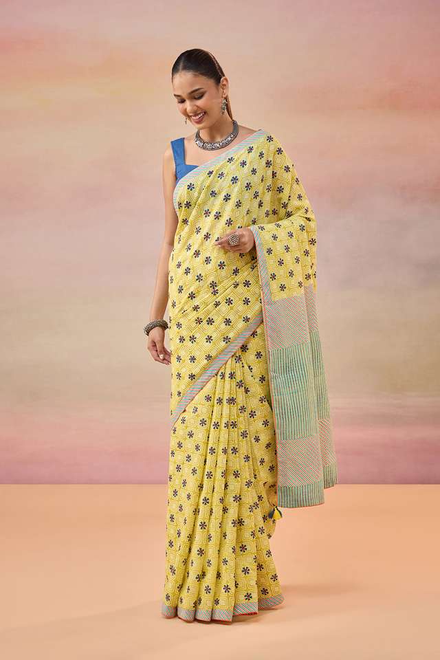 Light Yellow Pure Cotton Block Printed Bengal Saree thumbnail image number null