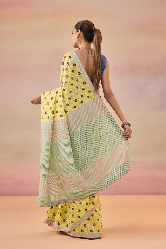 Light Yellow Pure Cotton Block Printed Bengal Saree thumbnail image number null