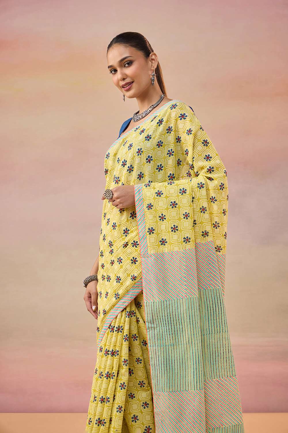 Light Yellow Pure Cotton Block Printed Bengal Saree image number null