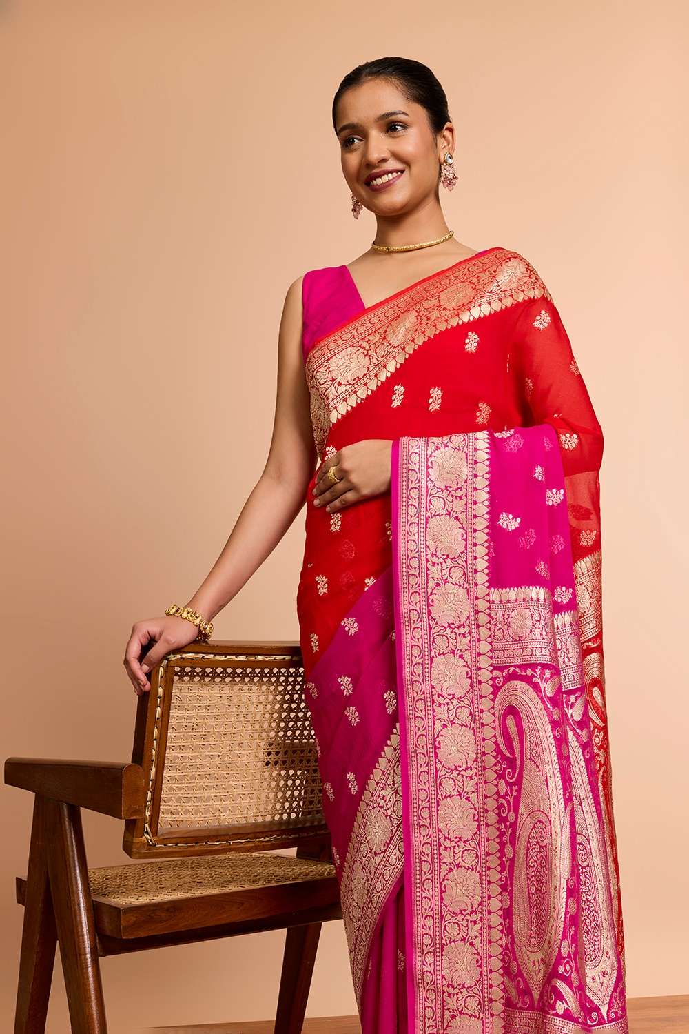 Red Pure Silk Georgette Cutwork Banaras Saree image number null