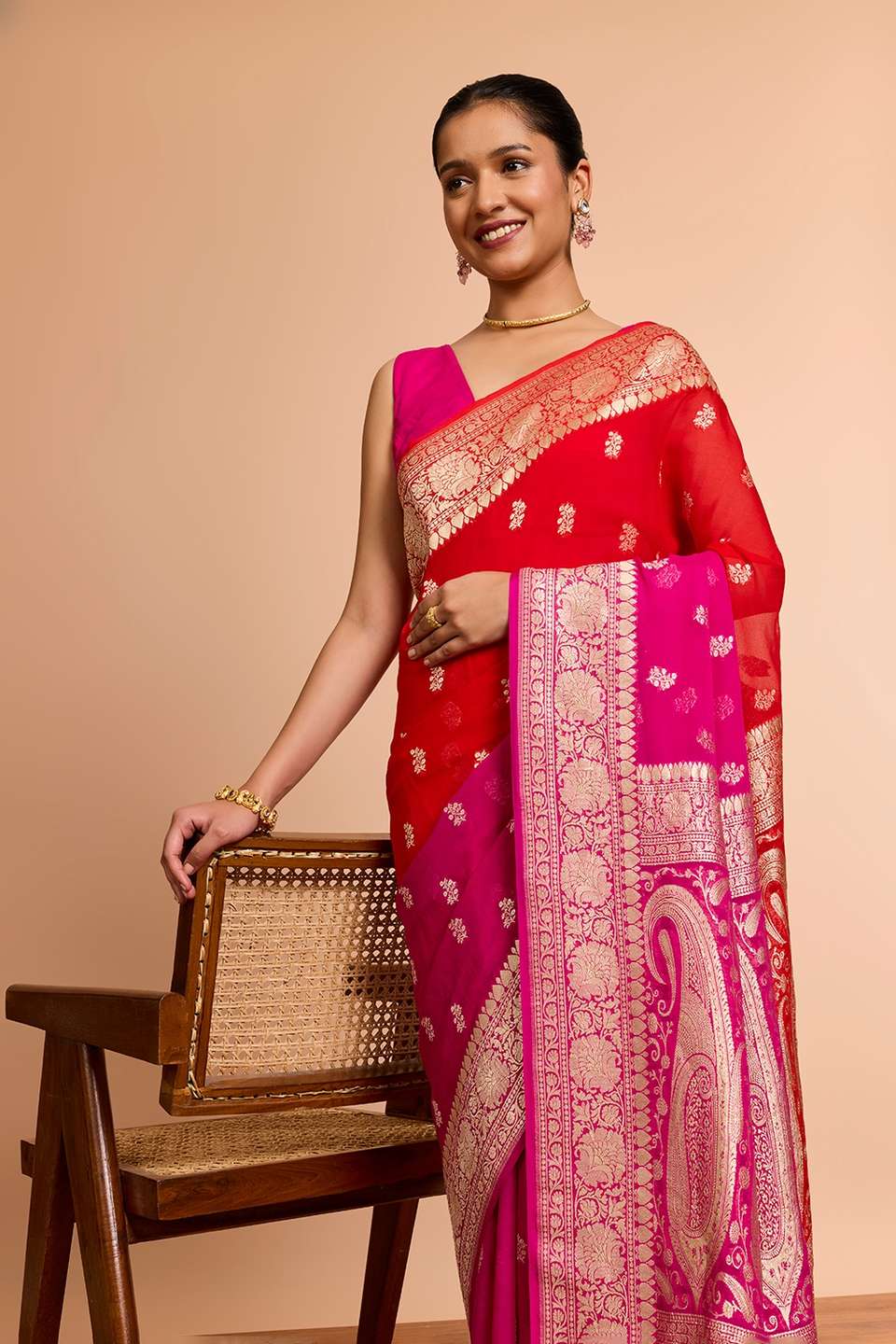 Red Pure Silk Georgette Cutwork Banaras Saree