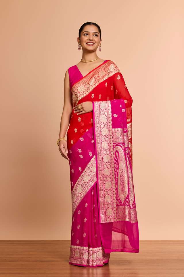 Red Pure Silk Georgette Cutwork Banaras Saree thumbnail image number null