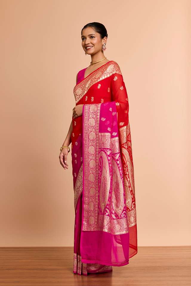 Red Pure Silk Georgette Cutwork Banaras Saree thumbnail image number null