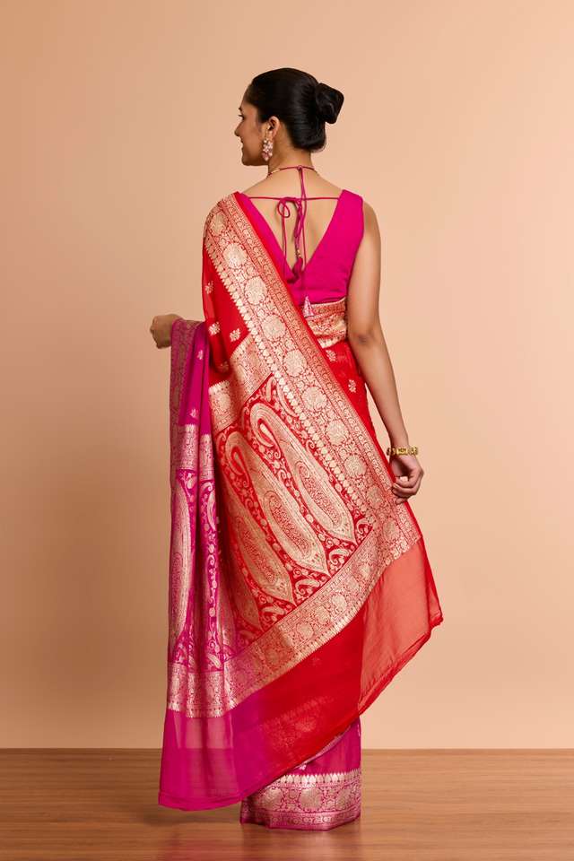 Red Pure Silk Georgette Cutwork Banaras Saree thumbnail image number null