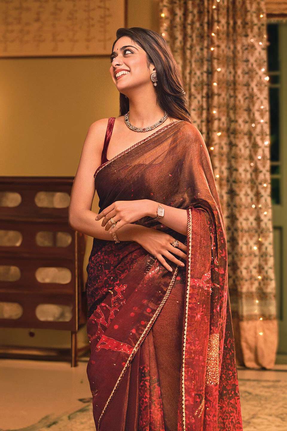Brown Cotton Embroidered Saree